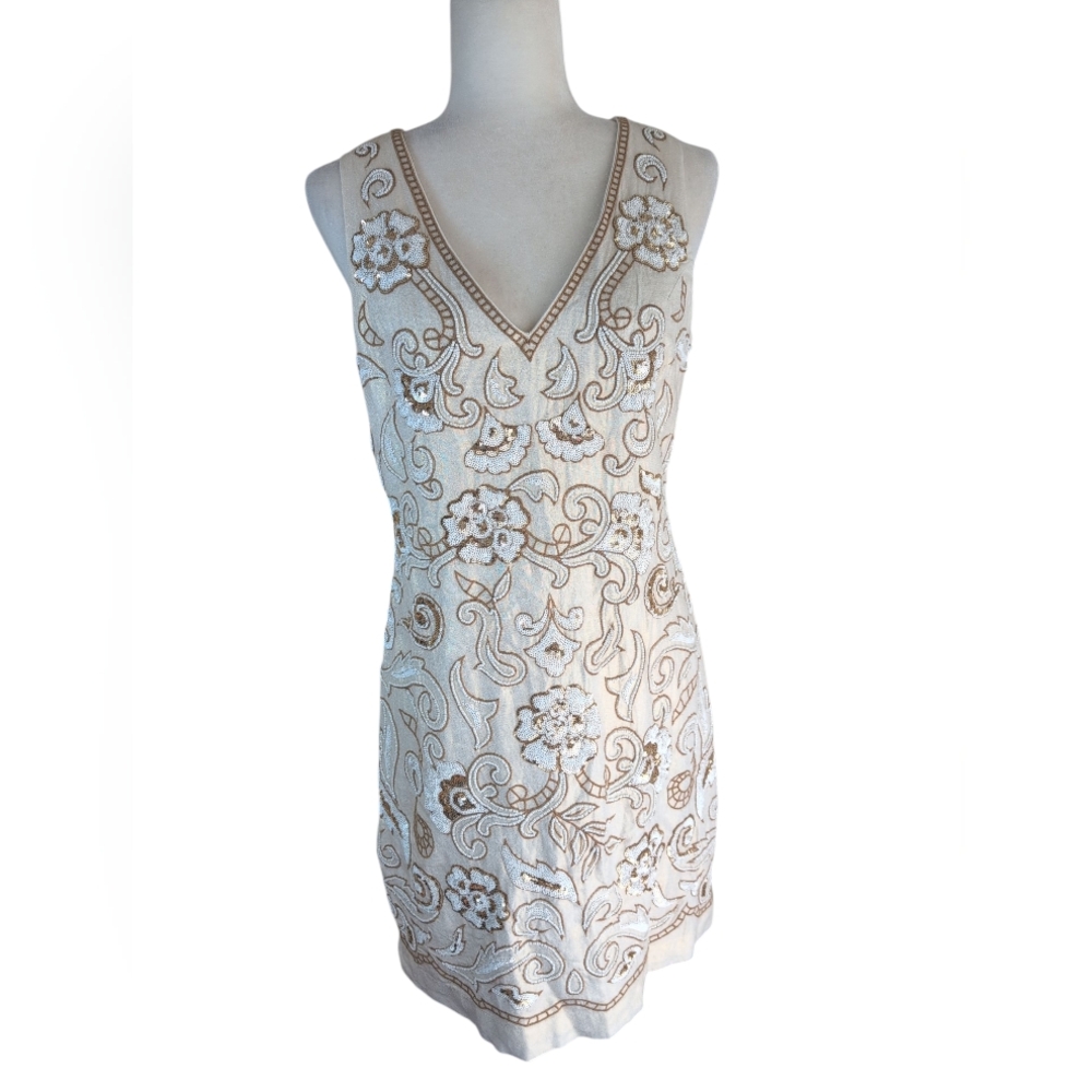 Boston Proper Dress Women's 6 Ivory/Gold Sequins Beaded Embroidered Shimmer...